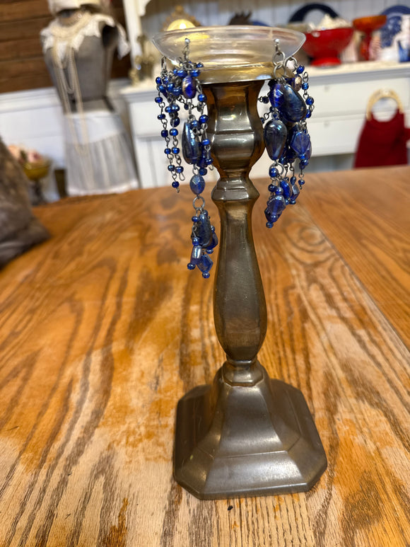 VINTAGE BRASS CANDLESTICK WITH BLUE GEMS
