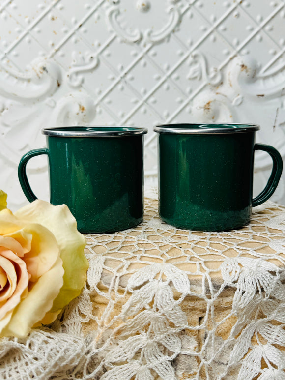 PAIR OF FOREST GREEN ENAMEL VINTAGE MUGS