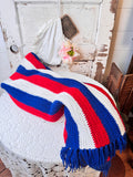 LARGE VINTAGE PATRIOTIC RED WHITE AND BLUE AFGHAN WITH TASSELS