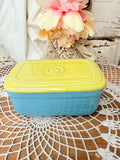 VINTAGE WESTINGHOUSE HALL CHINA BLUE AND YELLOW FRIDGIE WITH LID
