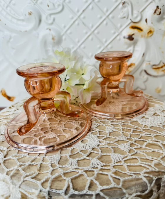 PAIR OF VINTAGE PINK GLASS ORNATE CANDLESTICK HOLDERS