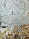 DETAILED ETCHED VINTAGE CRYSTAL GLASS CAKE PLATE AND PEDESTAL