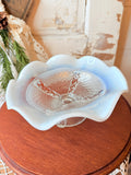 VINTAGE SCALLOPED GLASS ORNATE MOONSTONE COMPOTE