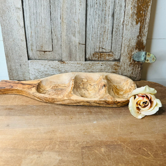 HANDCARVED LARGE 3 SECTION DISH APPETIZER BOARD WITH HANDLE OLIVE WOOD