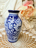 VINTAGE POTTERY HANDMADE BLUE AND WHITE ORNATE VASE