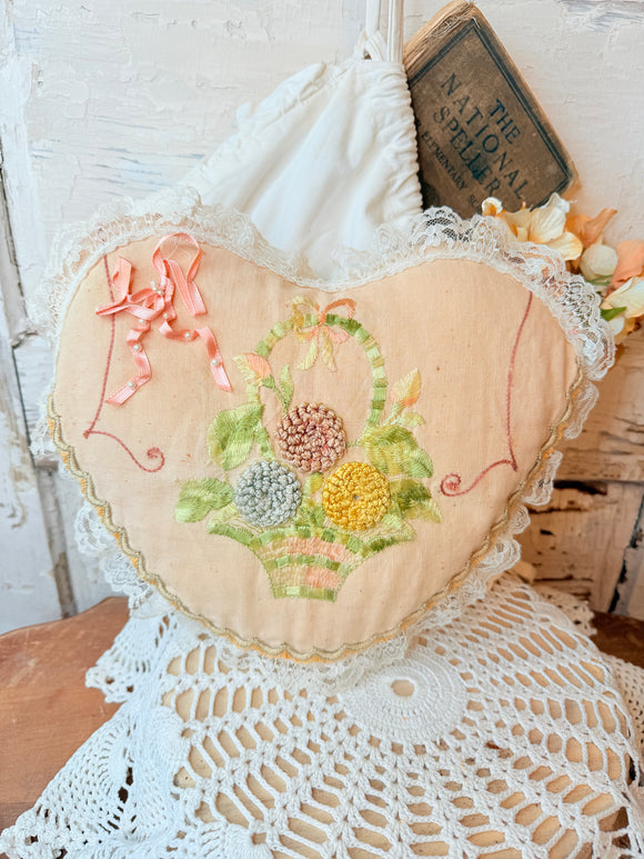 VINTAGE EMBROIDERED HEART THROW PILLOW