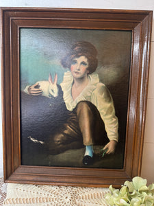 ANTIQUE HENRY RAEBURN BOY AND RABBIT OIL PAINTING LITHOGRAPH IN ANTIQUE FRAME