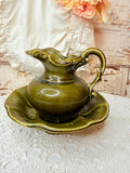 VINTAGE POTTERY MCCOY OLIVE GREEN BASIN PITCHER AND PLATE SET