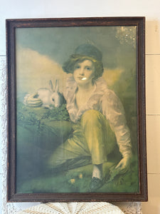 XL VINTAGE BOY WITH RABBIT ART IN ANTIQUE FRAME