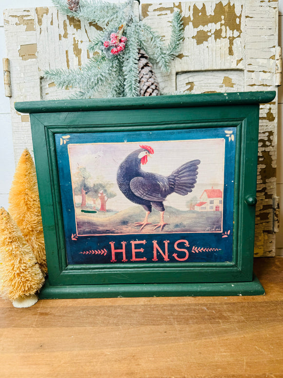 VINTAGE HENS TRANSFERWARE WOODEN CABINET