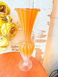 VINTAGE UNIQUE ORANGE STRIPED BLOWN GLASS RUFFLE VASE