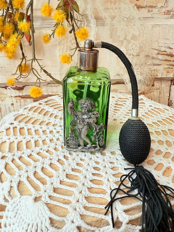 VINTAGE GREEN AND SILVER CHERUB ORNATE PERFUME BOTTLE