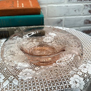 ANTIQUE PINK ETCHED GLASS ROLLED EDGE BOWL