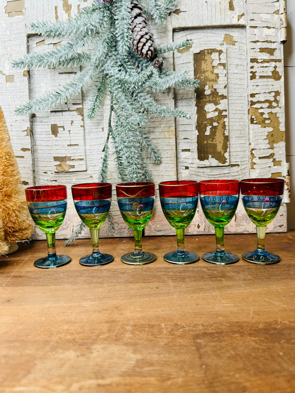 SET OF 6 VINTAGE HANDPAINTED GLASS CORDIAL GLASSES