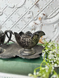 AMAZING ANTIQUE PERFECTLY PATINAD SILVER LEAF FLORAL UNIQUE SET SUGAR BOWL CREAMER AND PLATE