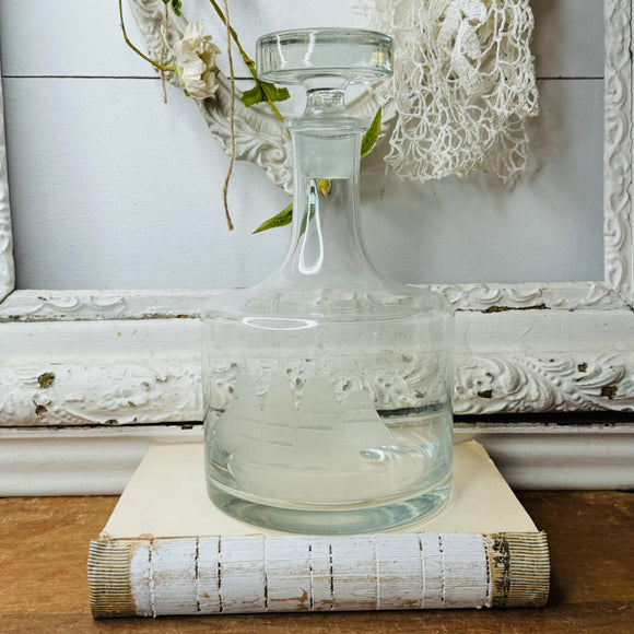 SAILBOAT ETCHED VINTAGE GLASS DECANTER