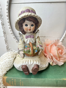 CERAMIC GARDEN DOLL VICTORIAN STYLE MUSIC BOX VINTAGE