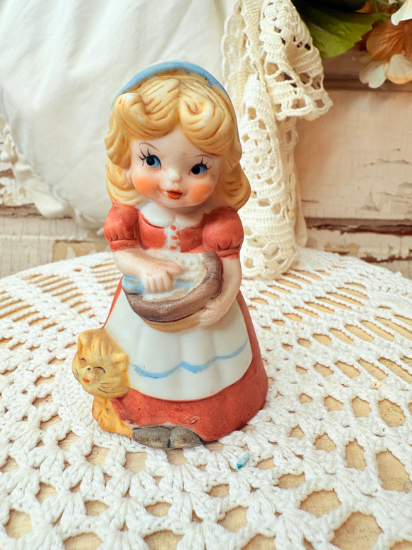 VINTAGE COTTAGE GIRL WITH KITTY BELL