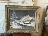 VINTAGE 1950S WINTER SCENE LARGE PAINTING WITH DETAILED FRAME