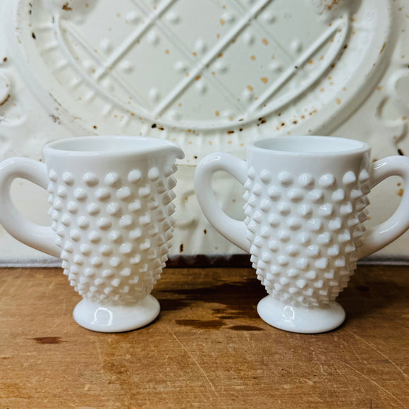 PAIR OF MILK GLASS HOBNAIL VINTAGE CREAMER AND SUGAR BOWL