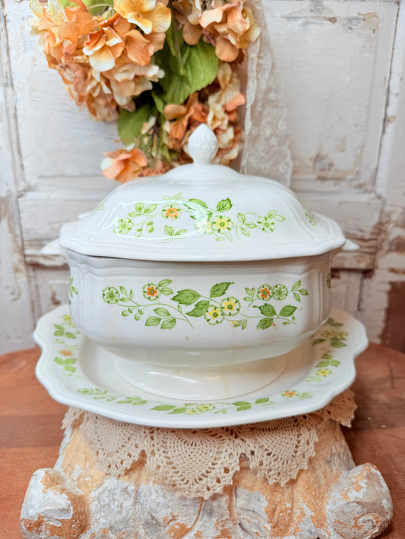VINTAGE IRONSTONE TUREEN WITH GREEN FLORALS AND TRAY