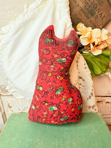 RED KITTY CAT FLORAL FABRIC VINTAGE DECOR