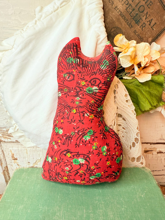 RED KITTY CAT FLORAL FABRIC VINTAGE DECOR
