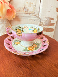 VINTAGE YELLOW ROSE TEACUP AND RETICULATED SAUCER JAPAN