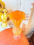 VINTAGE UNIQUE ORANGE STRIPED BLOWN GLASS RUFFLE VASE