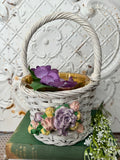 WHITE WICKER VINTAGE BASKET WITH FLORALS