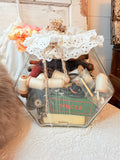 VINTAGE XL HEXAGONAL GLASS PHARMACY JAR FILLED WITH SEWING SUPPLIES