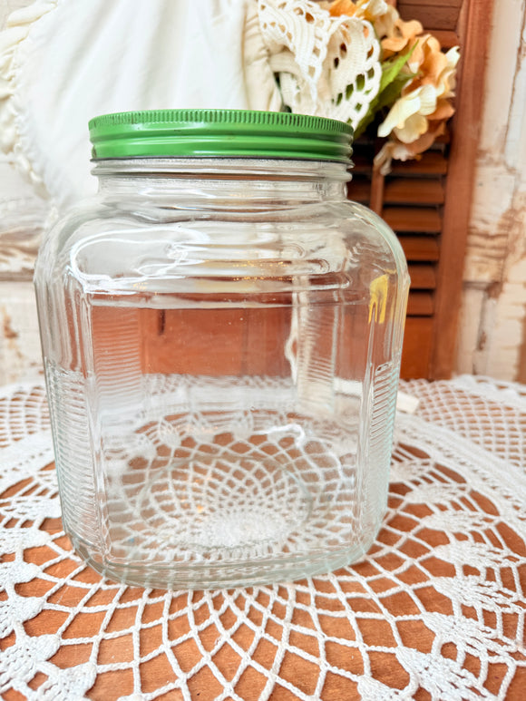 XL HOOSIER CABINET GLASS JAR SQUARE OVAL WITH GREEN LID ANTIQUE