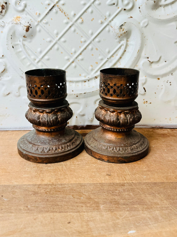 PAIR OF ANTIQUE COPPER CANDLE HOLDERS