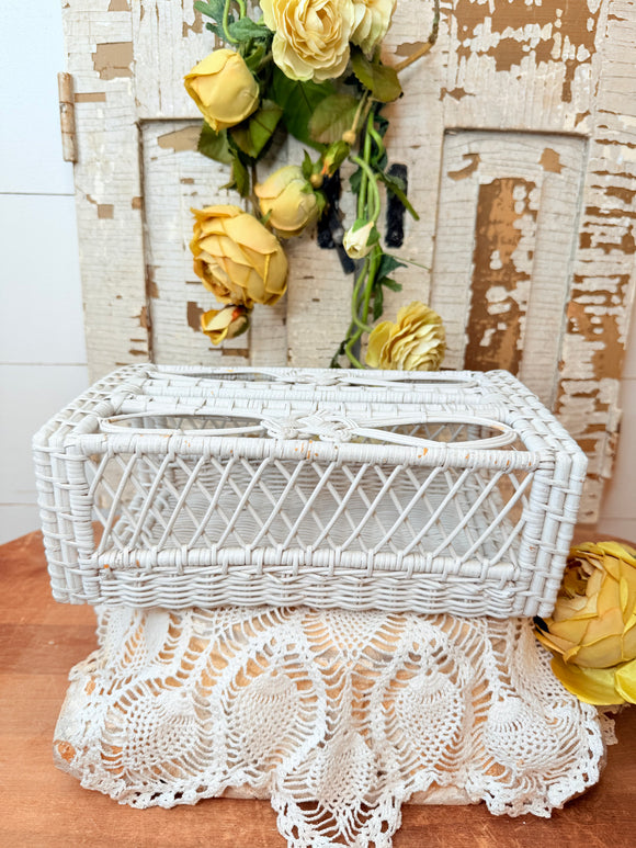RARE AMAZING WHITE WICKER TISSUE BOX COVER