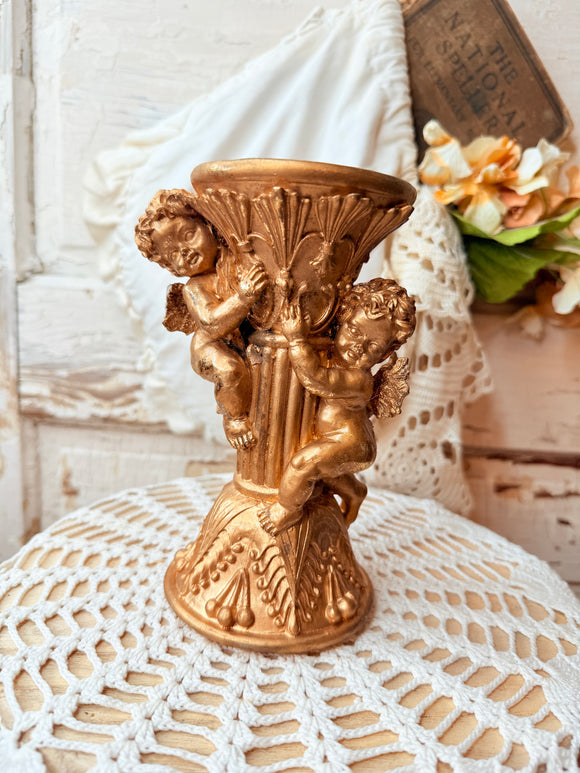 CHERUB BRONZE ORNATE CANDLE HOLDER VINTAGE - 2 AVAILABLE