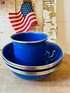 SET OF 4 SPECKLED BLUE ENAMEL BOWLS AND CUP