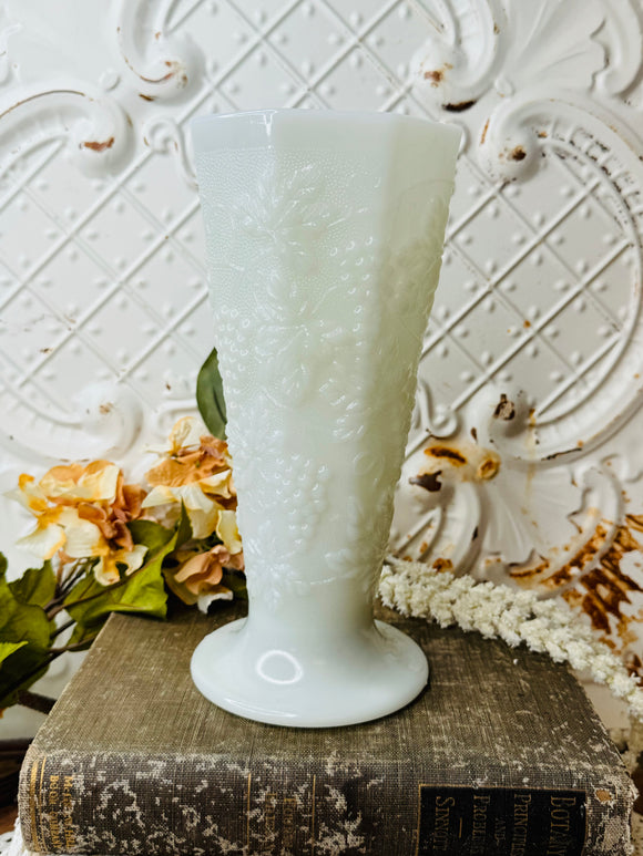 GRAPE MOTIF MILK GLASS VASE