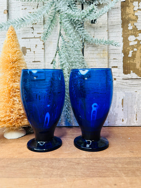 PAIR OF VINTAGE FOOTED COBALT BLUE GLASS TUMBLERS