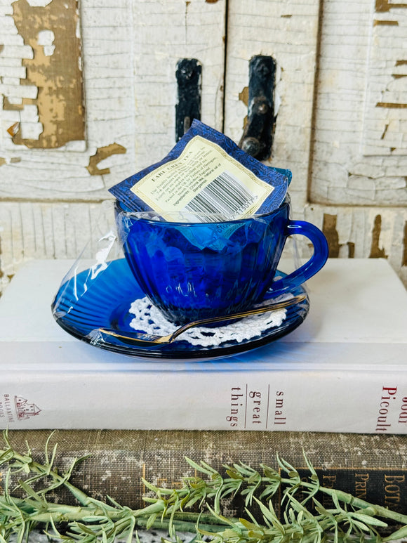 COBALT BLUE VINTAGE TEACUP AND SAUCER SET