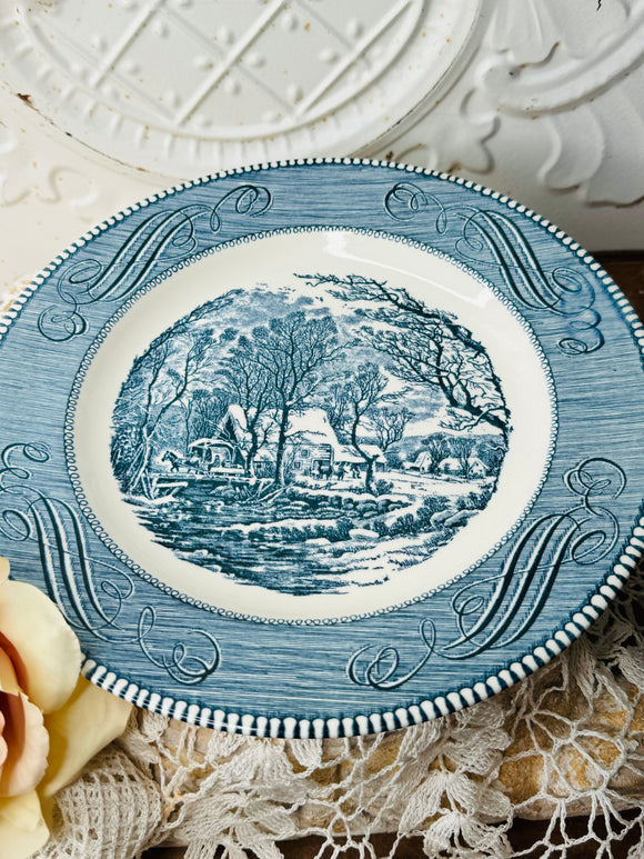 LARGE BLUE AND WHITE WINTER COTTAGE VINTAGE PLATE