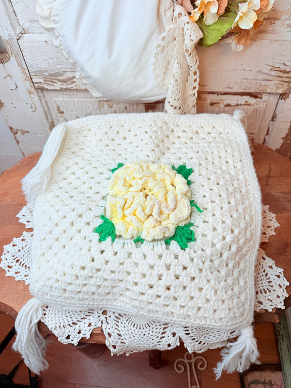 HAND CROCHETED YELLOW ROSE PILLOW COVER