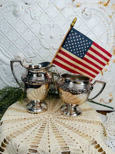 VINTAGE SILVER DETAILED SET CREAMER AND SUGAR BOWL