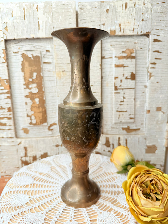 VINTAGE ETCHED BRASS VASE