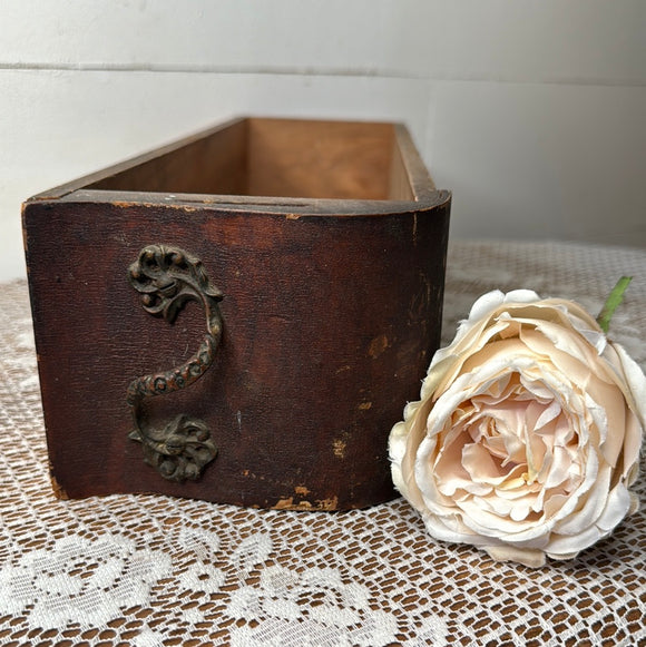 ANTIQUE WOOD SEWING CABINET DRAWER WITH METAL HARDWARE