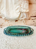 VINTAGE TEAL CARNIVAL GLASS TRAY ORNATE