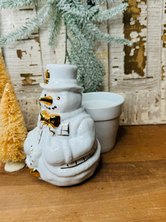 GOLD AND WHITE VINTAGE SNOWMAN PLANTER