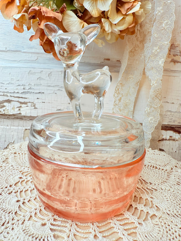 PINK GLASS BOTTOM VINTAGE DEER TRINKET JEWELRY DISH JAR AND LID