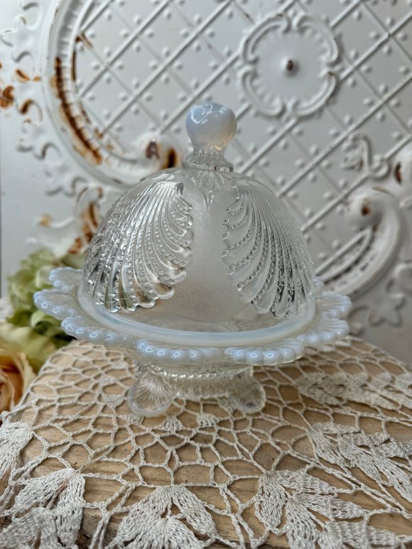 MOSSER MOONSTONE ANTIQUE BUTTER DISH