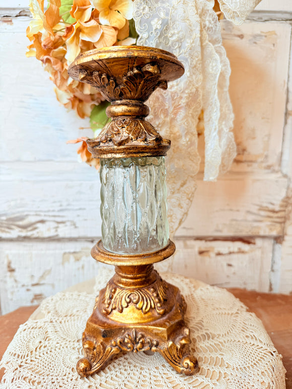 VINTAGE FRENCH STYLE GLASS AND GOLD GILT CANDLE HOLDER