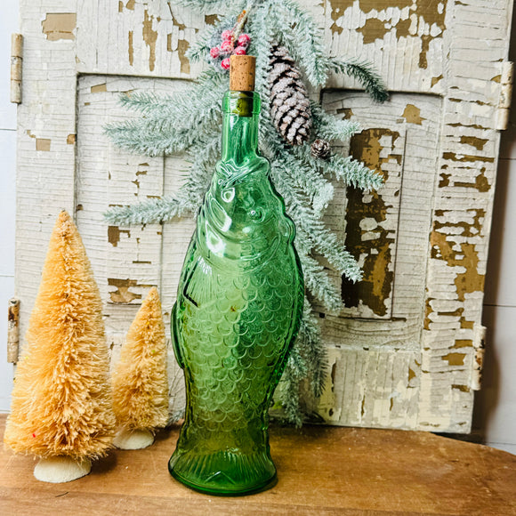 GREEN GLASS VINTAGE FISH LARGE BOTTLE